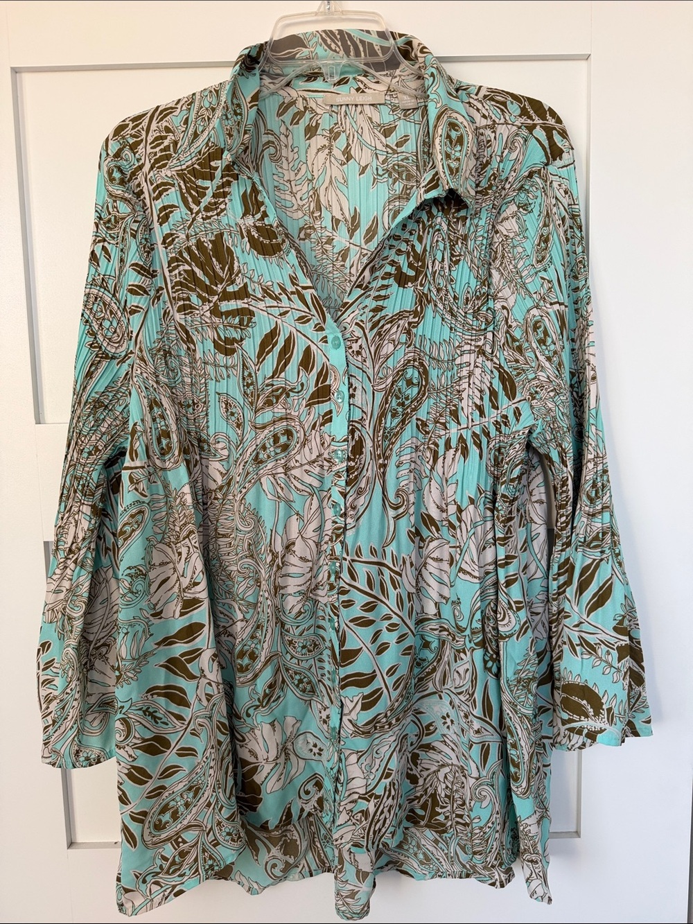 Sunny Leigh Aqua and Olive Paisley Button-Down Tunic
